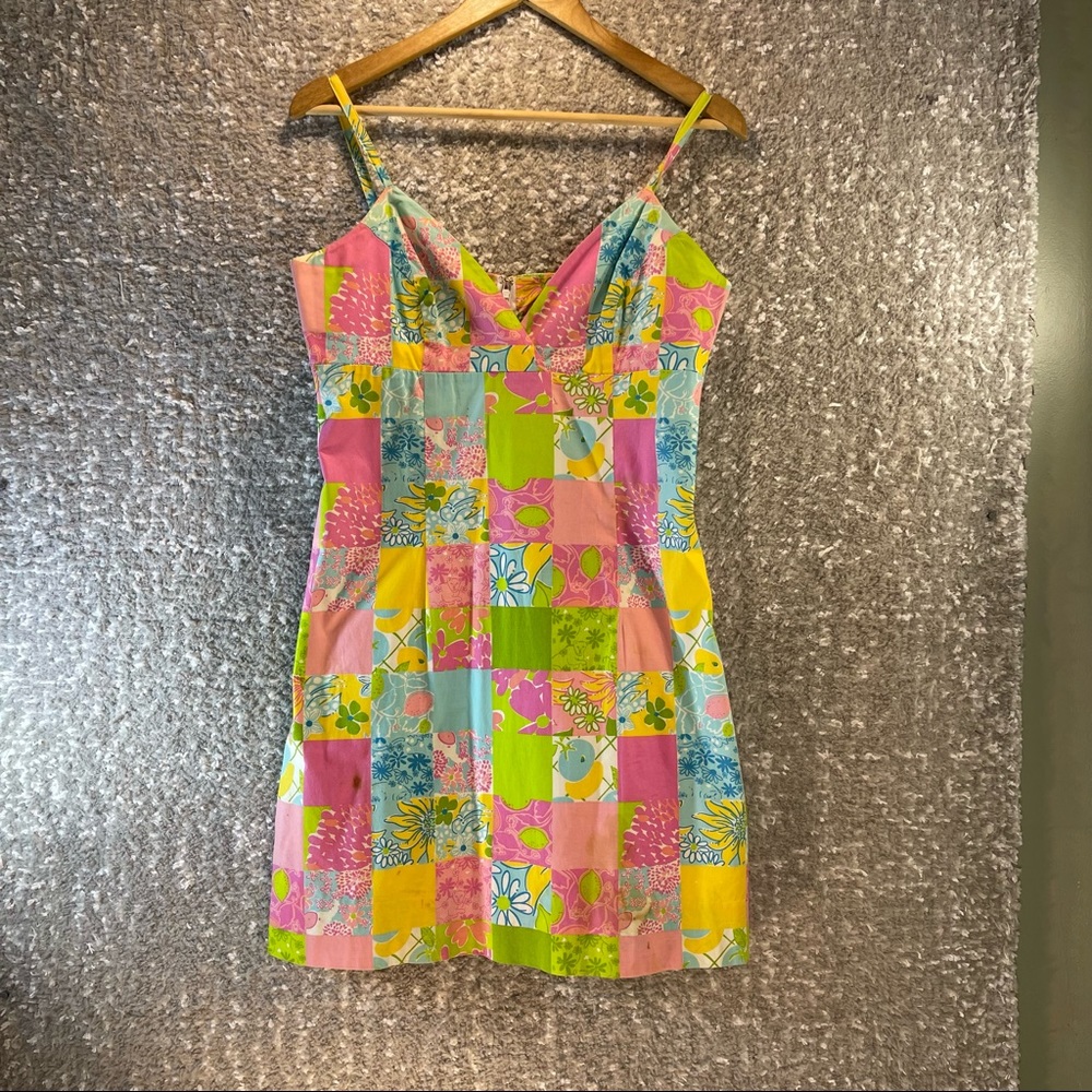 Lilly Pulitzer PATCHWORK FLORAL Pink Green Yellow Ladies 8 Lined Sundress Stains